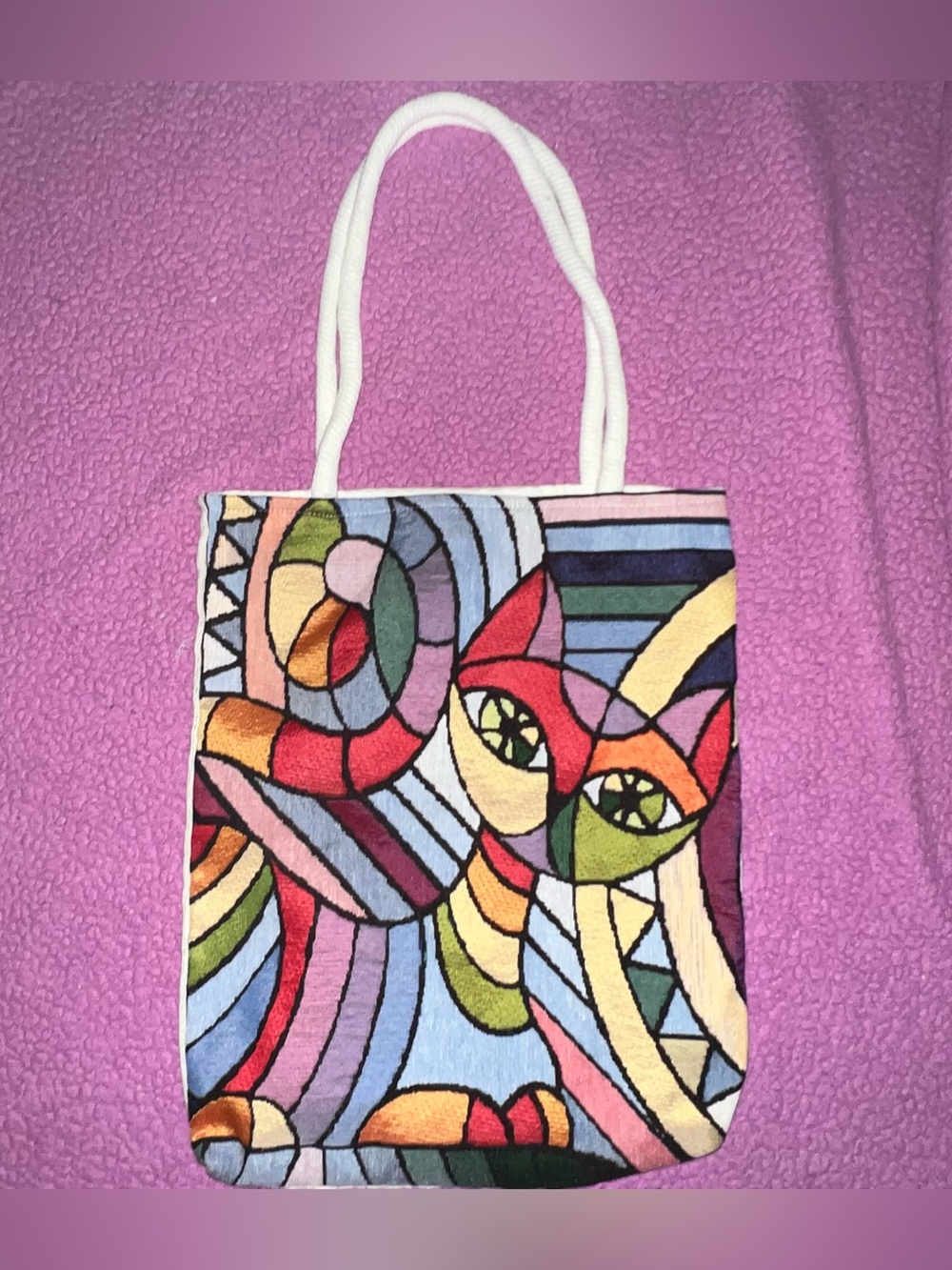 Multicolor Abstract Cat Tote Bag with White Rope Handles
